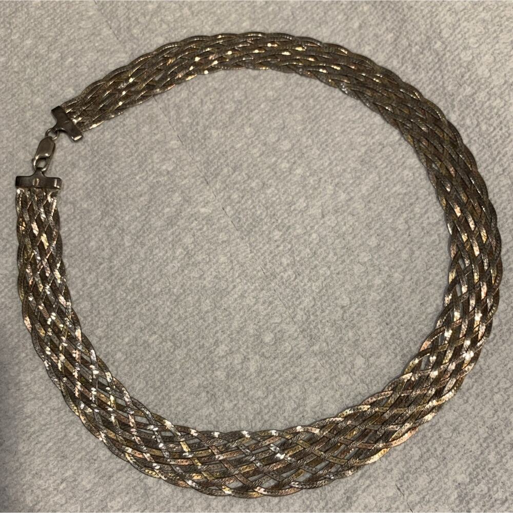Italy 925 Sterling Silver Gold/Silver Braided Necklace 18” X 1/2 Wide 30.7 Grams